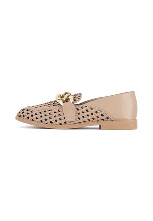 Woven beige loafers with a smooth, light tan heel. Features a gold chain accent and black weave pattern on the upper. Flat sole design.