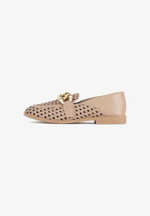 Woven beige loafers with a smooth, light tan heel. Features a gold chain accent and black weave pattern on the upper. Flat sole design.
