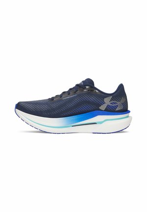 Navy blue running shoe with white and blue sole, Under Armour logo on heel, breathable mesh upper, and lace-up closure.