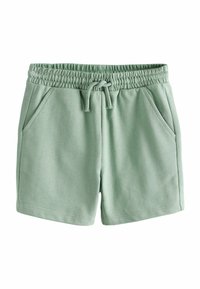 Shorts verdi in cotone con vita elastica, coulisse e due tasche laterali. Presentano una texture morbida e un taglio semplice e dritto.