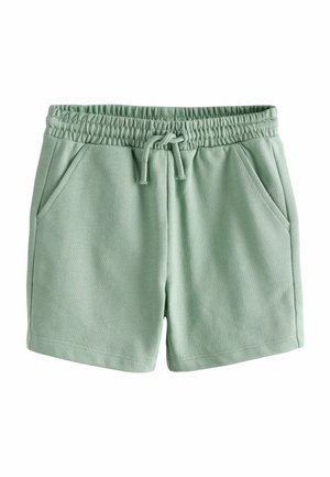 Zöld pamut rövidnadrág elasztikus derékpánttal, zsinórral és két oldalzsebbel. Puha textúrájú és egyszerű, egyenes szabású.