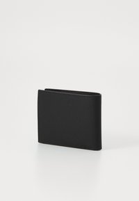 Black wallet made of textured material, featuring a simple rectangular shape with a fold-over design and subtle stitching accents.
