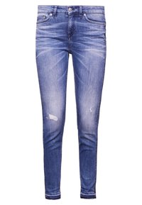 Jeans de denim azul con un diseño ajustado, que presentan detalles desgastados, un leve desvanecimiento y un estilo clásico de cinco bolsillos.