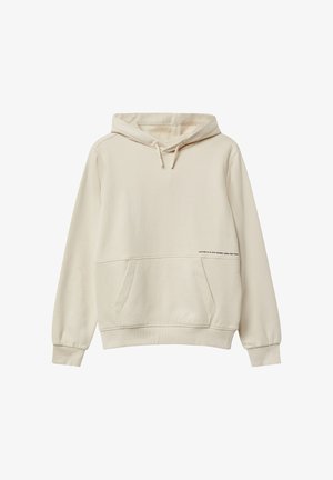 Bež kapučinovka, izdelana iz mehkega bombaža, z žepom za kenguruja, rebrastimi manšeti in tiskanjem besedila blizu roba. Kapuca z nastavljivim vrvico.