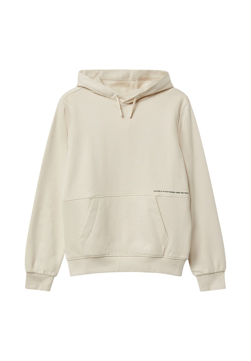 Beige Kapuzenpullover aus weicher Baumwolle, mit einer Kängurutasche, gerippten Bündchen und einem bedruckten Textdetail am Saum. Verstellbare Kapuze mit Kordelzug.