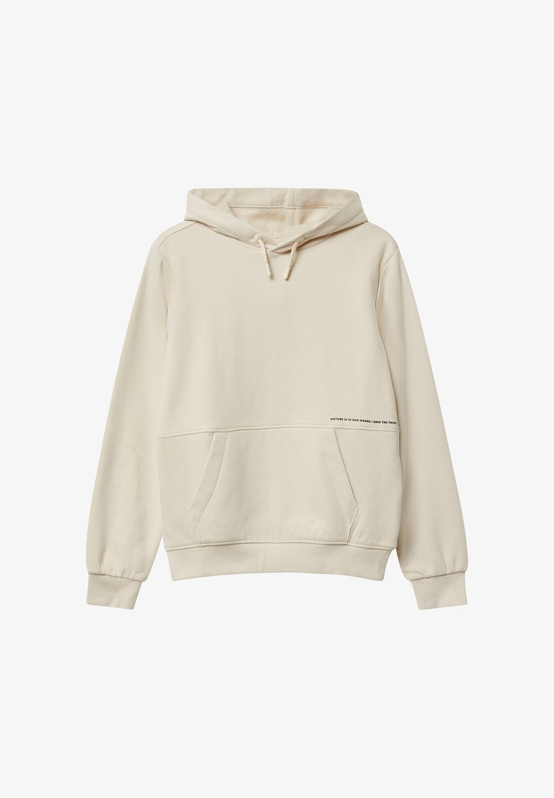 Bež kapuutsärk, mis on valmistatud pehmest puuvillast, sisaldab känguru taskut, soonikkoes mansette ja trükitud teksti detaili allämbril. Reguleeritav nööri kapuuts.