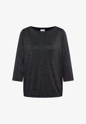 Top de mujer negro brillante de manga larga con escote redondeado y corte relajado, etiquetado "CECIL" en el interior del cuello.