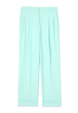 Lyse mintgrønne skræddersyede bukser med forreste læg, bæltestropper, sidelommer og opbukket kant.