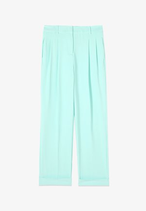 Light mint green tailored trousers with front pleats, belt loops, side pockets, and cuffed hems.