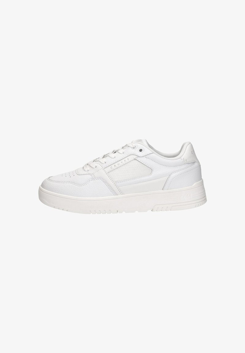 White low-top sneaker with lace-up front, textured panels, and branded side detail, designed for casual wear.