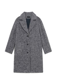 Grau und Marineblau gehäkelter Mantel im Fischgrätmuster, mit Reverkragen, Knopfverschluss und Seitentaschen. Hergestellt aus strukturiertem Stoff.