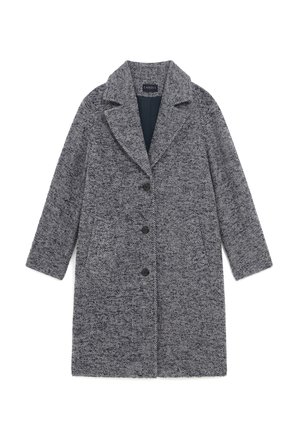Cappotto a motivo a spina di pesce in grigio e blu navy, con colletto a scollatura, chiusura con bottoni e tasche laterali. Realizzato in tessuto testurizzato.