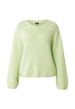 Pull vert lime en matériau texturé et duveteux, avec un col rond et des manches longues légèrement bouffantes avec des poignets côtelés.