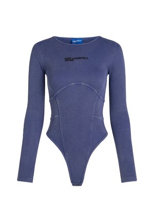 Dark blue ribbed bodysuit with long sleeves, round neckline, and a fitted design. Features black logo detailing at the chest and seamless construction.