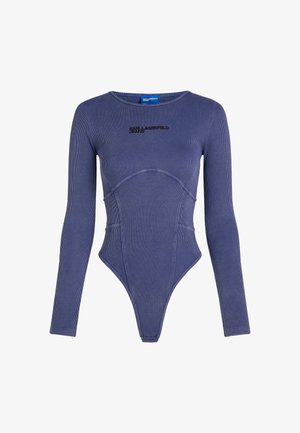 Bodysuit de canalé azul marino con mangas largas, escote redondeado y un diseño ajustado. Presenta detalles del logo negro en el pecho y una construcción sin costuras.
