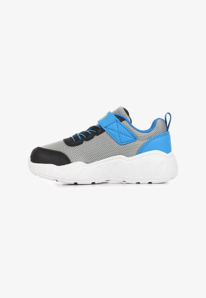 Gray and blue child’s sneaker with white thick sole, black toe cap, blue Velcro strap, and blue pull tab on heel.
