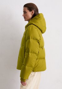 Olivgrüner Steppjacke mit Kapuze, mit einer gesteppten Optik, Seitentaschen und gerippten Bündchen. Glattes, wasserabweisendes Material.