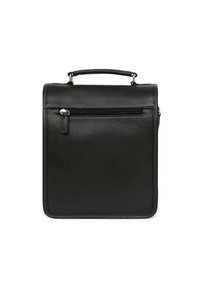 Borsa in pelle nera con una forma strutturata e quadrata, dotata di manico superiore, tasca frontale con zip e sottili dettagli di cucitura.