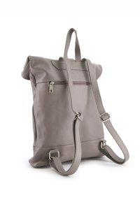Gray leather backpack with a textured finish, roll-top design, adjustable straps, and a front zippered pocket. Minimalist style and functionality.