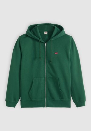 Groene hoodie met ritssluiting van zacht materiaal, met een voorzak, een capuchon met trekkoord en een klein rood Levi's logo op de borst.