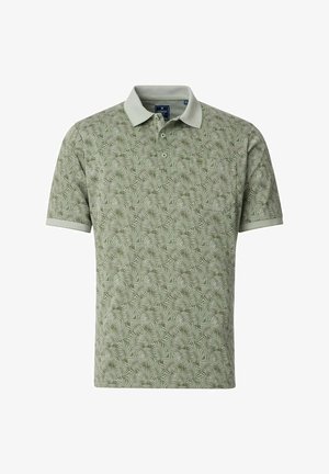 Grøn polo-shirt med et palmeblad mønster, kortærmede, og en kontrastfarvet krave. Fremstillet af tekstureret stof med knaplukning.
