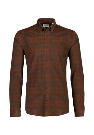 Camicia a maniche lunghe da uomo con motivo a quadri marrone e arancione, dotata di colletto con bottoni.