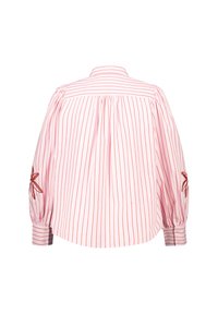 Roze gestreepte lange mouwen shirt met rode verticale strepen, met geborduurde bloemendessins op de mouwen en een geplooide achterkant.
