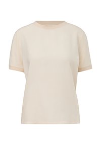 T-shirt a maniche corte in cotone beige chiaro, con scollatura rotonda e maniche di un colore più chiaro, dalla texture liscia.