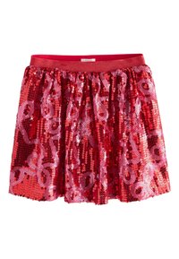 Gonna di paillettes rossa con superficie texturizzata, caratterizzata da vortici astratti rosa. Vita elastica per il comfort, design corto e svasato.