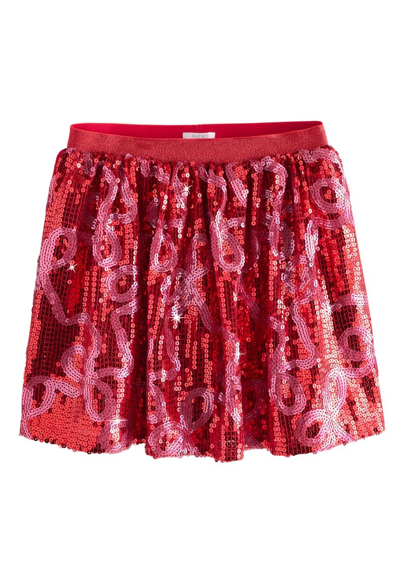 Gonna di paillettes rossa con superficie texturizzata, caratterizzata da vortici astratti rosa. Vita elastica per il comfort, design corto e svasato.