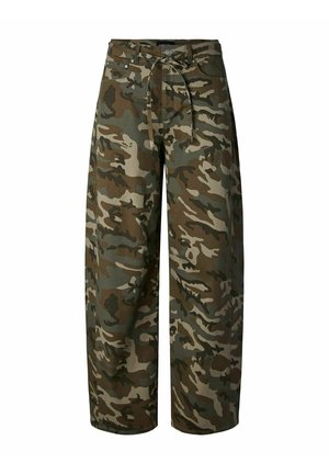 Laiade säärega püksid rohelise ja pruunika kamuflaažitrükiga, nööp- ja luku sulgemine ning sobiva kangasvöögiga vöökohal.