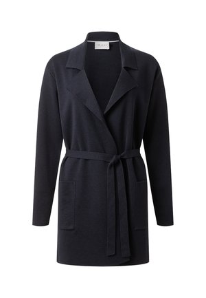 Zwarte cardigan met lange mouwen, een reverskraag, voorzakken en een strikceintuur in de taille, gemaakt van zachte gebreide stof.