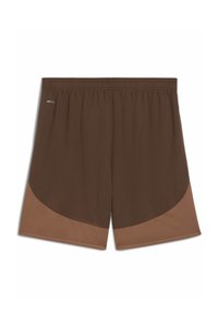 Shorts de sport marron avec un panneau contrastant de couleur marron plus clair. Possède une taille élastique et une étiquette DRYCELL qui évacue l'humidité.