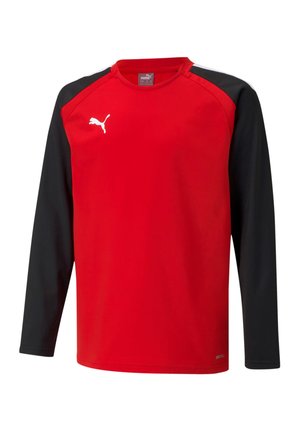 Rotes Langarmshirt mit schwarzen Ärmeln, Rundhalsausschnitt, Puma-Logo auf der Brust und sportlichem Design aus atmungsaktivem Stoff.