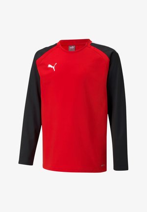 Maglietta rossa a maniche lunghe con maniche nere, con scollo rotondo, logo Puma sul petto e un design sportivo in tessuto traspirante.