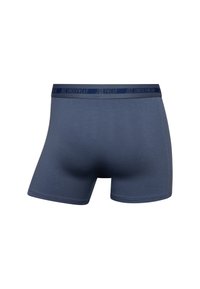 Navy sininen venyvän puuvillan boxerkalsarit, joissa on sileä pinta ja tumma vyötärö, jossa lukee "JBS Underwear".