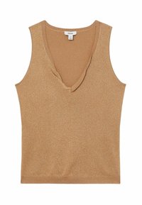 Złota błyszcząca bluzka bez rękawów z głębokim dekoltem w serek, wykonana z teksturowanej tkaniny, o dopasowanym kroju i gładkim wykończeniu.