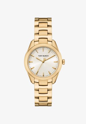 Orologio dorato con quadrante argentato, indicatori di ora minimalisti e bracciale a maglia metallica. Presenta una cassa rotonda e una finitura lucida.