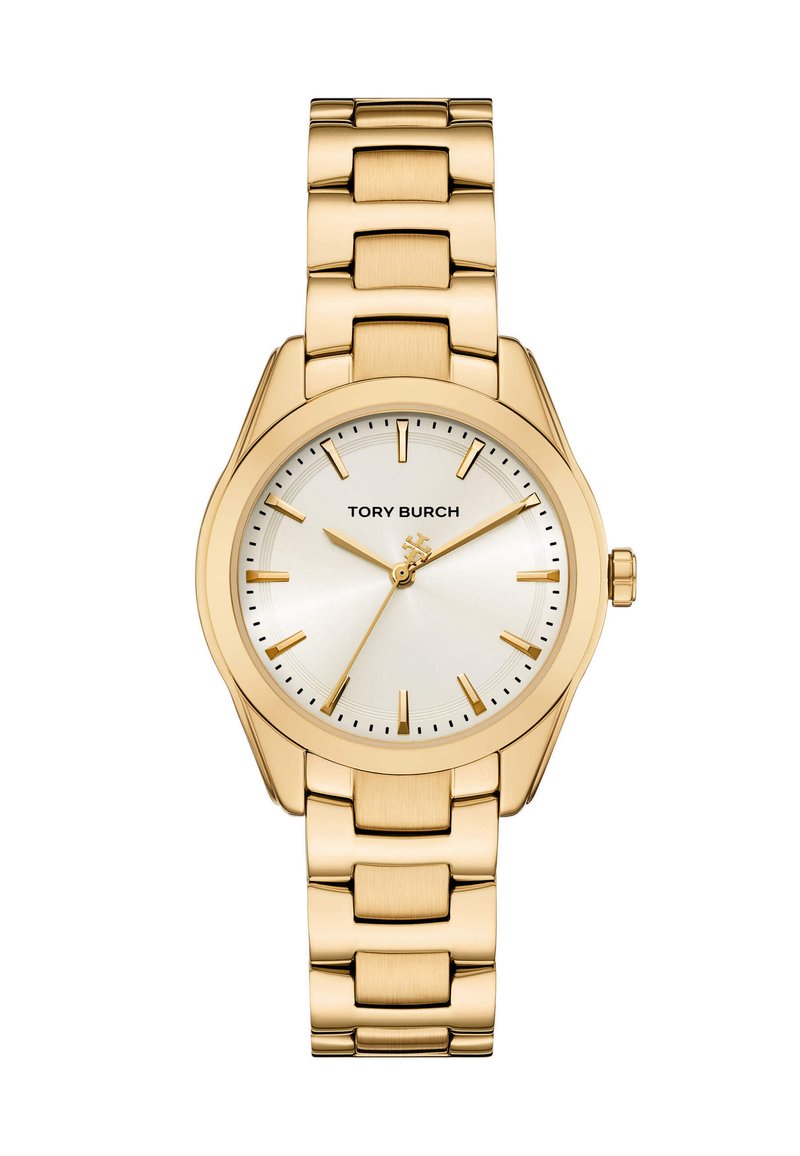 Reloj dorado con una esfera plateada, marcadores de hora minimalistas y una pulsera de eslabones metálicos. Tiene una caja redonda y un acabado pulido.