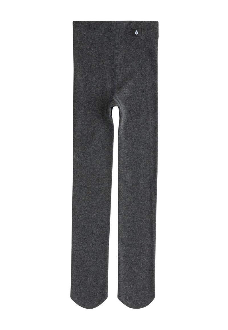 Leggings gris en tissu extensible, présentant un design profilé et ajusté avec une texture lisse et une petite étiquette logo à la taille.
