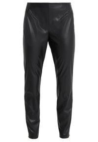 Pantaloni in pelle nera con un fit aderente, caratterizzati da una vita alta e dettagli con zip alle caviglie. Texture liscia e finitura lucida.