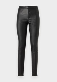 Leggings in pelle nera con texture liscia, vestibilità aderente e vita alta. Presentano una cucitura frontale per un aspetto sartoriale.