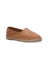 Braune Leder-Slipper mit durchbrochenen Details, runder Spitze und geflochtener Jute-Sohle. Verfügt über eine glatte Textur und ein lässiges Design.