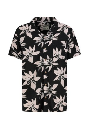 Short-sleeve black shirt with large white floral pattern, relaxed fit, button-down front, single chest pocket, wooden buttons.