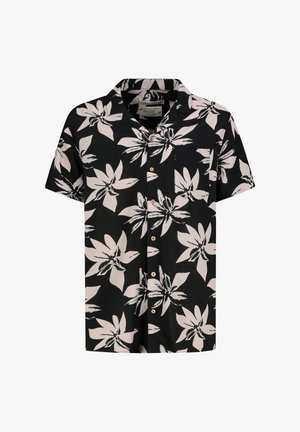 Schwarz kurzärmliges Hemd mit großem weißen Blumenmuster, lockerer Schnitt, Knopfleiste vorne, eine Brusttasche, Holzknöpfe.