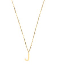 Kuldtooniga kaelakee, millel on õhuke ahel ja rippuv ploki täht "J" ripats, mis omab sileda, poleeritud pinda ja lihtsat disaini.