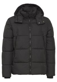 Sort pufferjakke med hætte, med en quiltet design, frontlukning med lynlås og to lynlåslommer i siden. Glat stofstruktur.