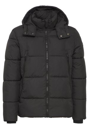 Svart puffjacka med huva, med en quiltad design, frammed zip-stängning och två sidofickor med dragkedja. Slät tygtextur.