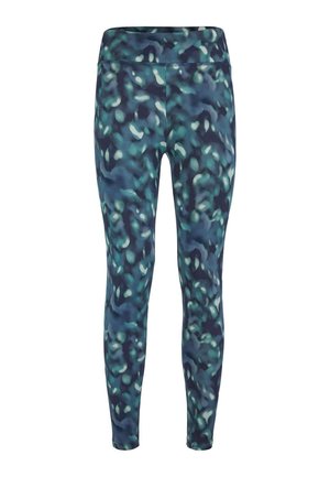 Hoch taillierte Damenleggings mit einem abstrakten Camouflage-Muster in Blau und Grün und einer figurbetonten Silhouette.