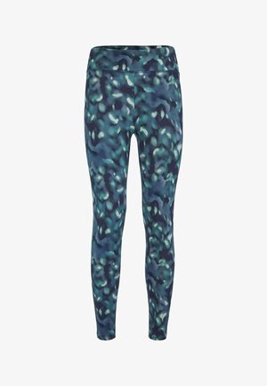 Hoch taillierte Damenleggings mit einem abstrakten Camouflage-Muster in Blau und Grün und einer figurbetonten Silhouette.